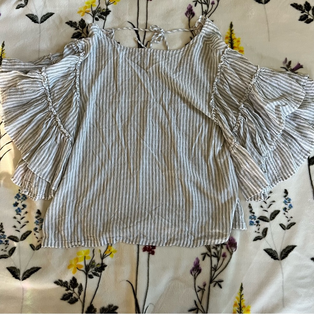 Chelsea & Theodore Blue Striped Blouse with Ruffle Sleeves